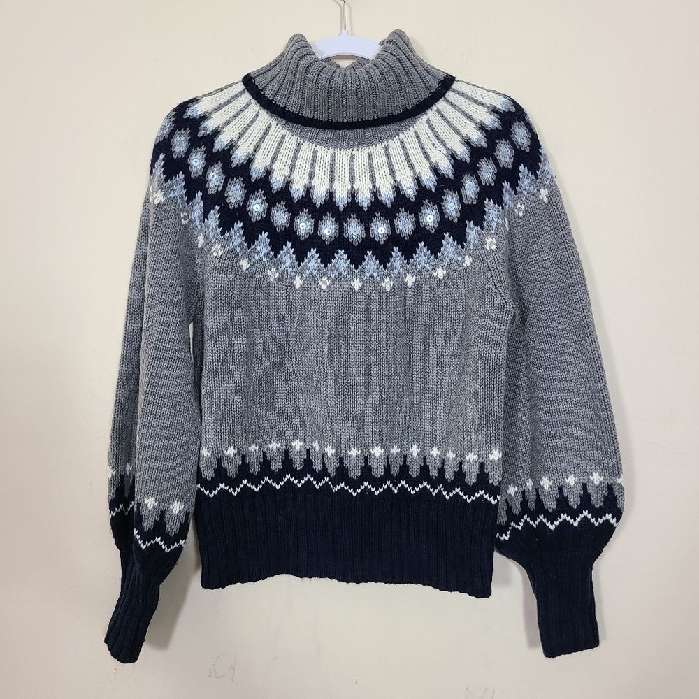a.n.a. Blue Gray Womens L Fair Isles Sweater Chunky Knit Winter Casual Cozy Chic
